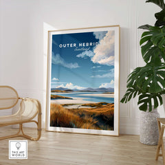 Scottish Islands Travel Print - Grassy Dunes & Seascape Poster - Outer Hebrides Decor in a stylish interior setting.