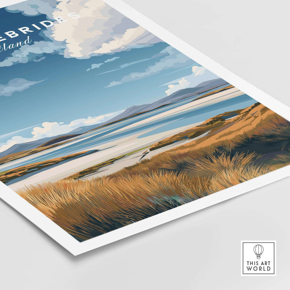 Scottish Islands travel print featuring grassy dunes and serene seascape of Outer Hebrides.