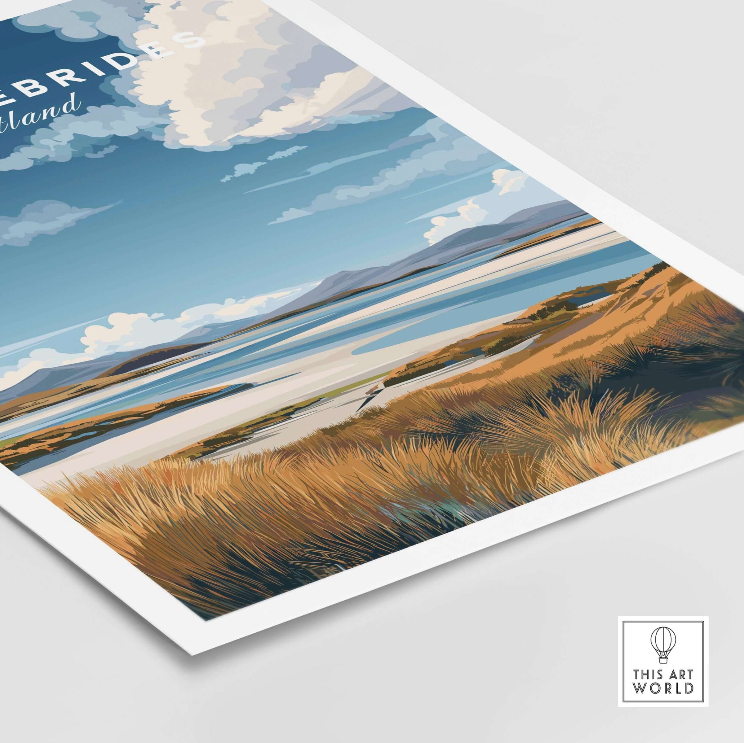 Scottish Islands Travel Print - Grassy Dunes & Seascape Poster - Outer Hebrides Decor featuring serene landscape.
