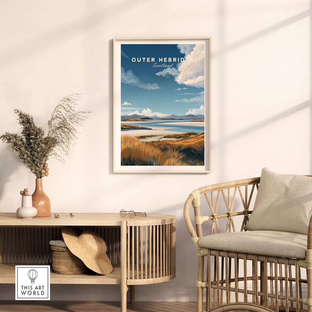 Outer Hebrides travel print poster featuring grassy dunes and seascape in a cozy interior setting.