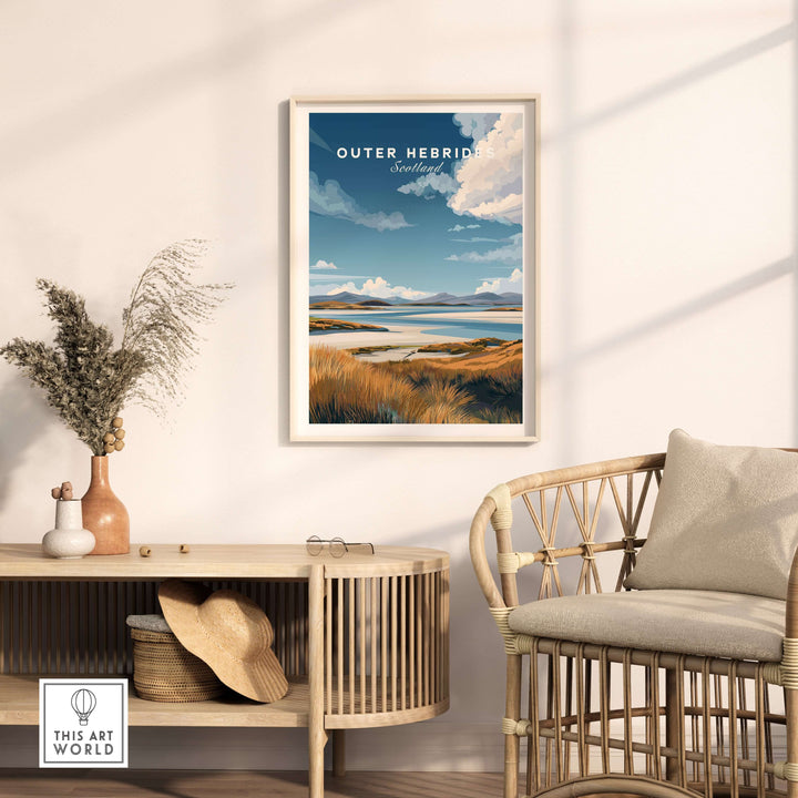 Outer Hebrides travel print poster featuring grassy dunes and seascape in a cozy interior setting.