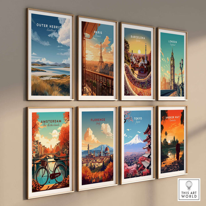 Collection of travel prints featuring cities like Outer Hebrides, Paris, and Tokyo, showcasing serene landscapes and iconic landmarks.