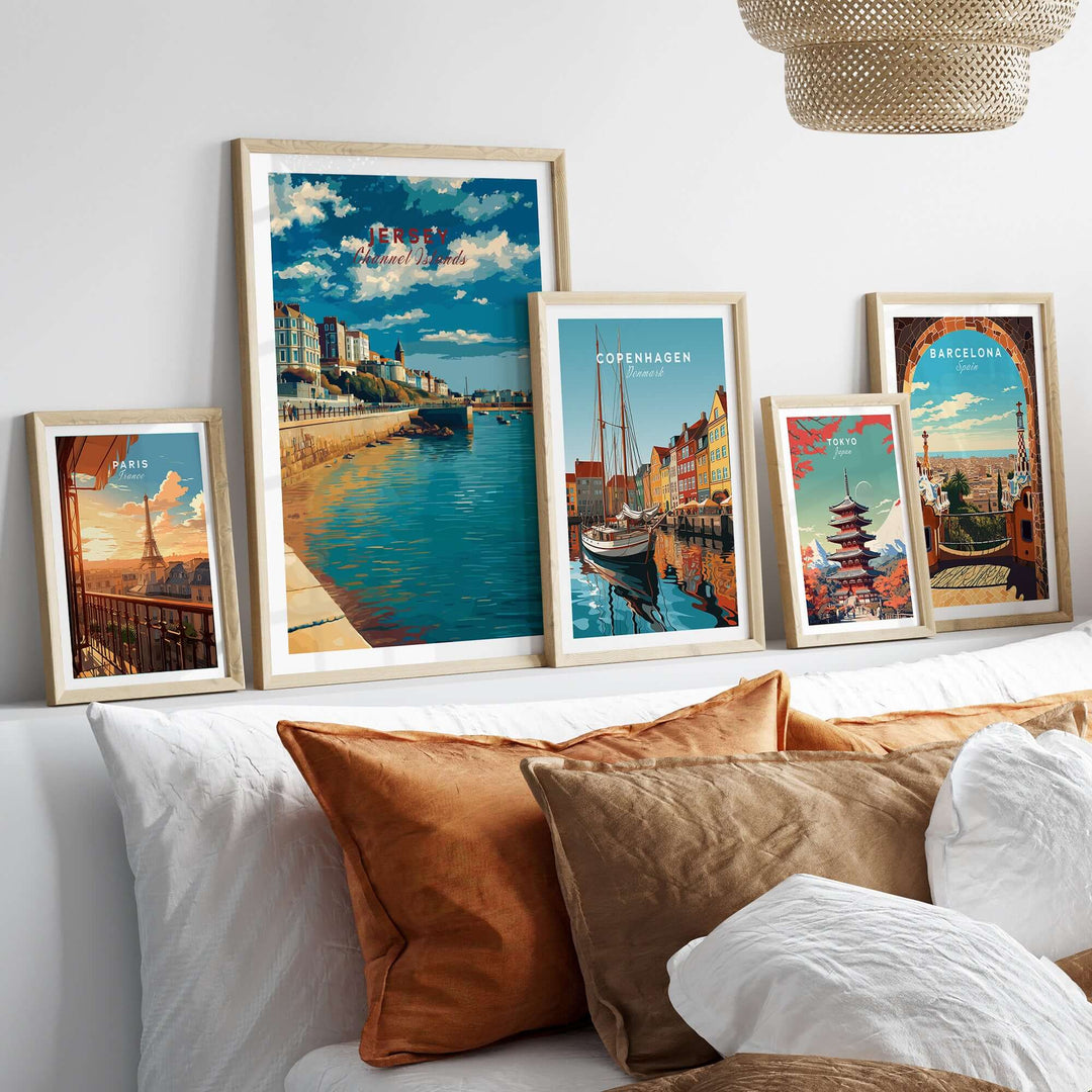 Jersey Poster -  St Helier Town Marina Print | Seaside Wall Art displayed in a stylish home setting with other travel posters.