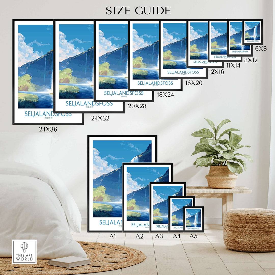Size guide for Seljalandsfoss Iceland Art Print showcasing various dimensions and frame options.