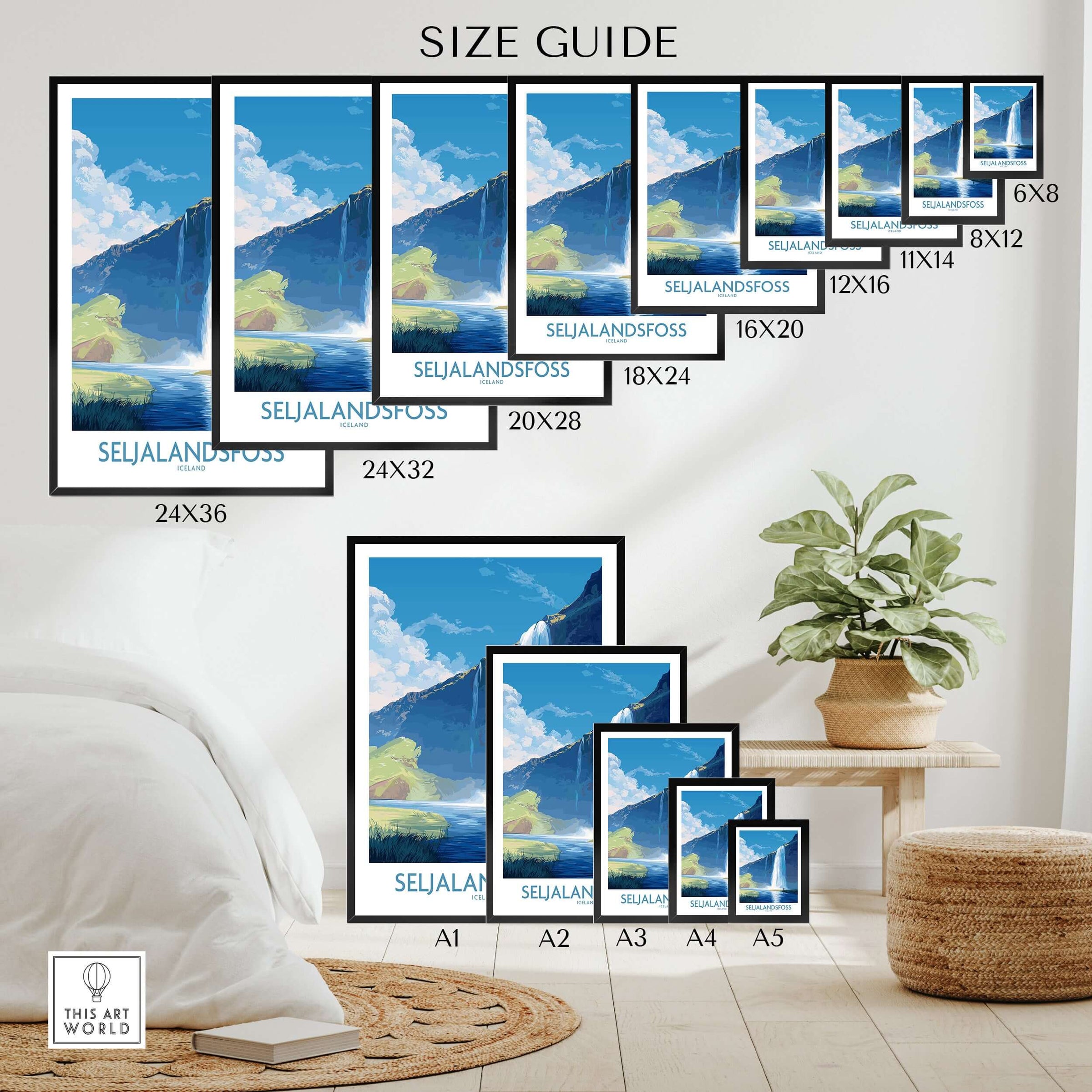 Size guide for Seljalandsfoss Iceland Art Print showcasing various dimensions and designs.