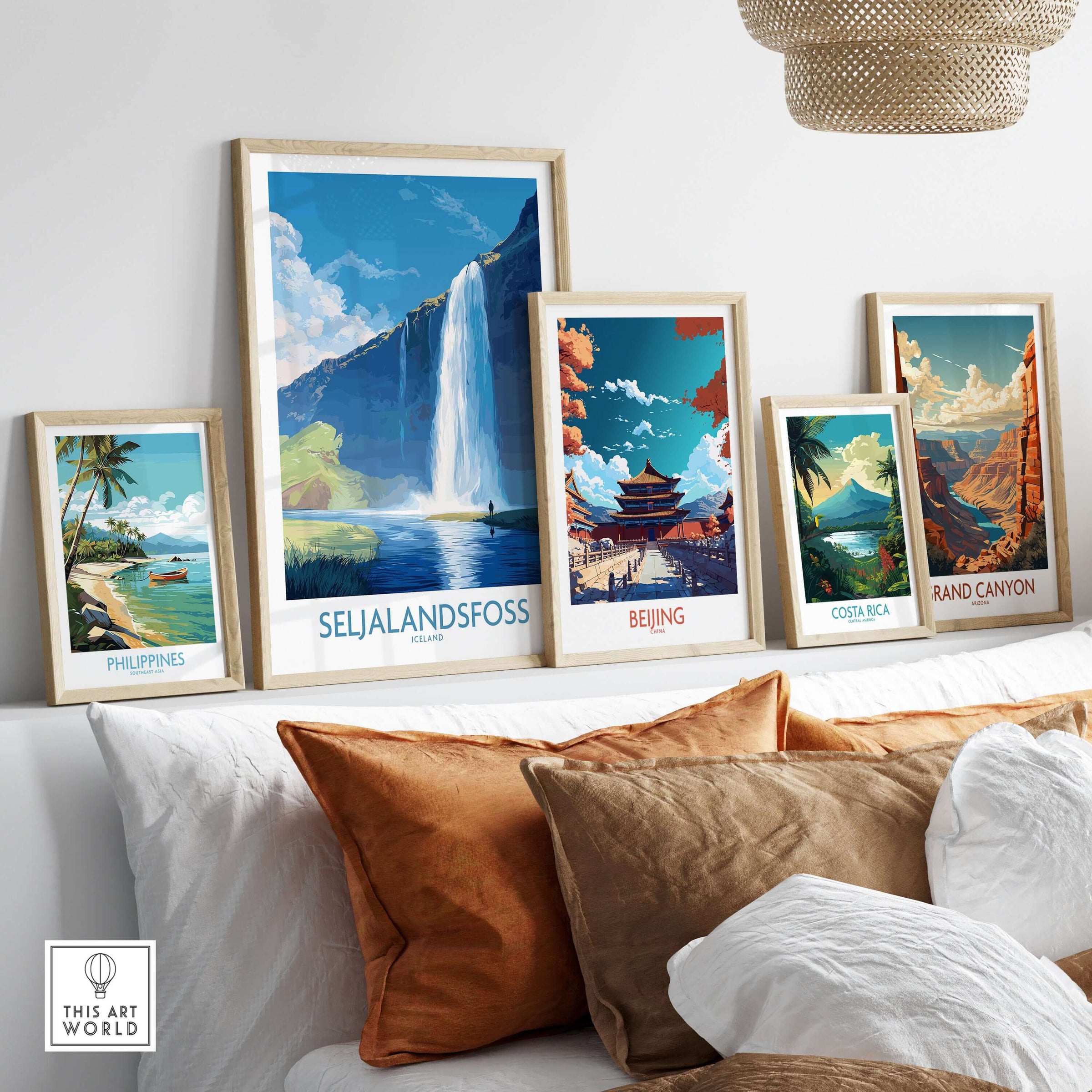 Seljalandsfoss Iceland Art Print showcased among other travel art prints in a stylish interior setting.