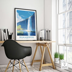 Seljalandsfoss Iceland Art Print displayed in a modern workspace, featuring a vibrant illustration of the majestic waterfall.