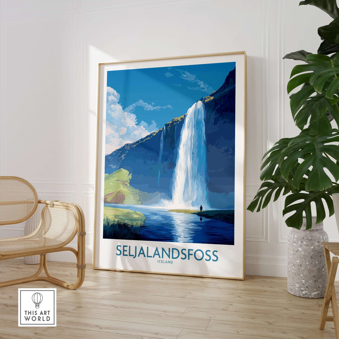 Seljalandsfoss Iceland Art Print featuring a waterfall in a serene landscape, perfect for home decor.