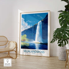 Seljalandsfoss Iceland Art Print showcasing a stunning waterfall in a serene landscape featuring vibrant colors.