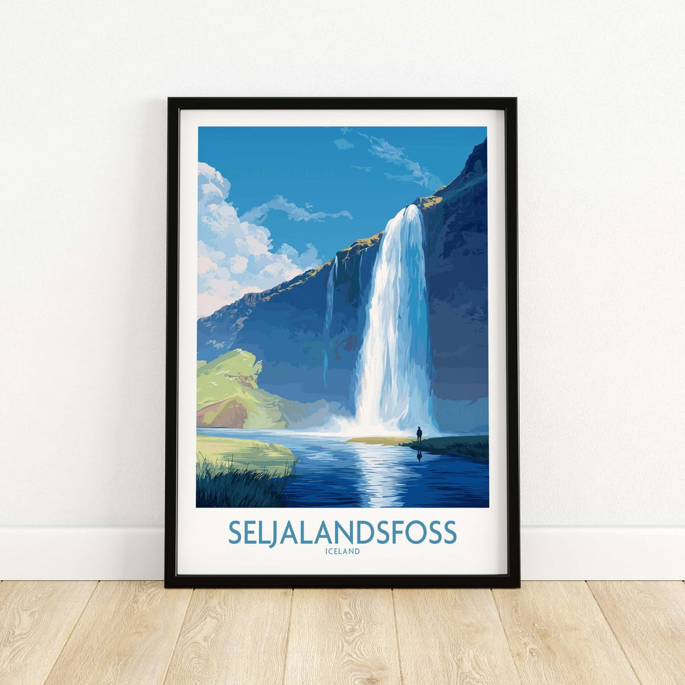 Seljalandsfoss Iceland Art Print featuring a stunning waterfall and serene landscape in Iceland.
