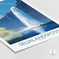 Seljalandsfoss Iceland Art Print showcasing the stunning waterfall and scenic landscape, perfect for nature lovers.