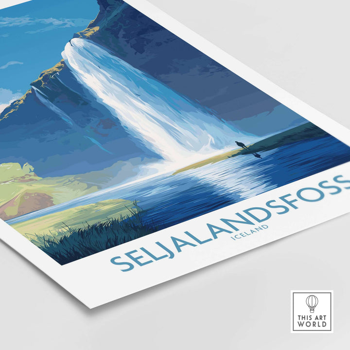 Seljalandsfoss Iceland Art Print featuring the stunning waterfall surrounded by vibrant green landscapes.
