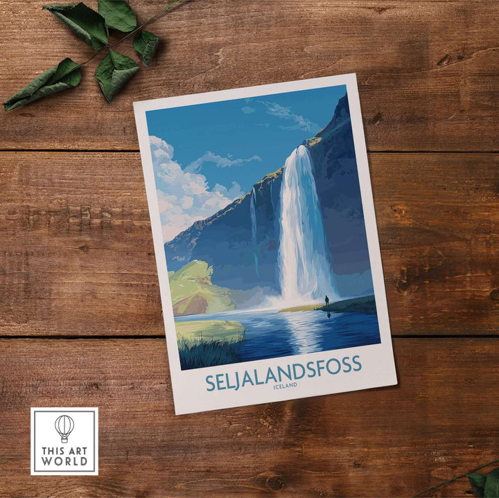 Seljalandsfoss Iceland Art Print features a stunning illustration of Seljalandsfoss waterfall in Iceland.