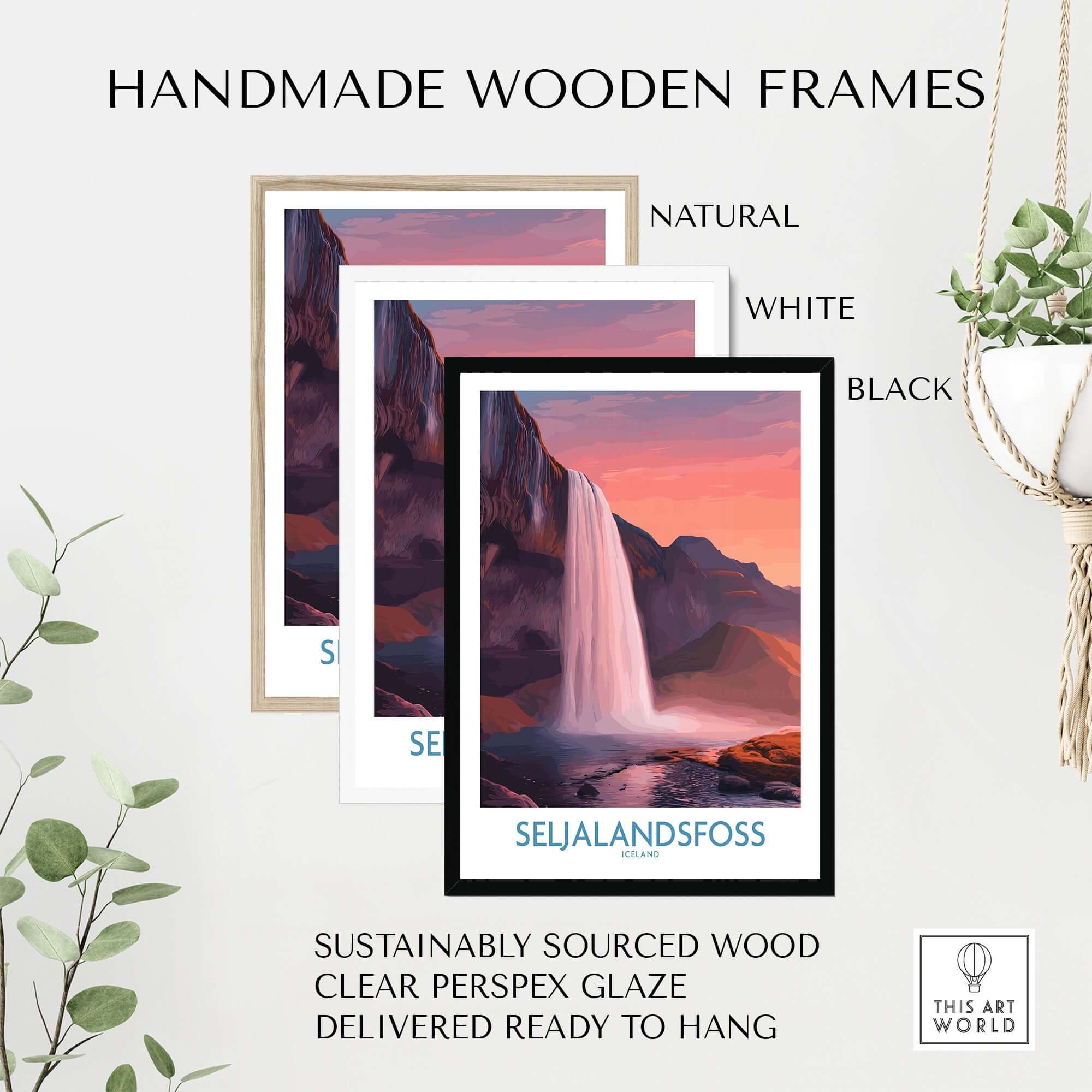 Seljalandsfoss Iceland Sunset Waterfall Art Print | Pink Sky Travel Poster displayed in handmade wooden frames.