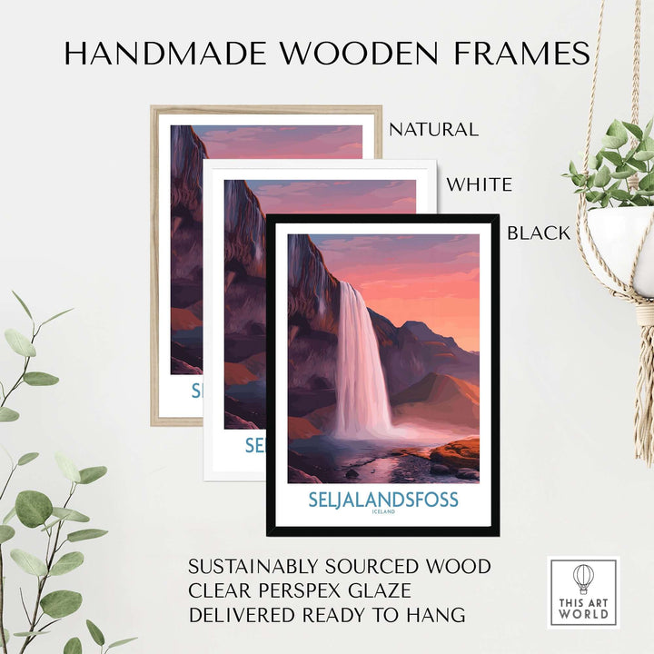 Seljalandsfoss Iceland Sunset Waterfall Art Print | Pink Sky Travel Poster displayed in handmade wooden frames.