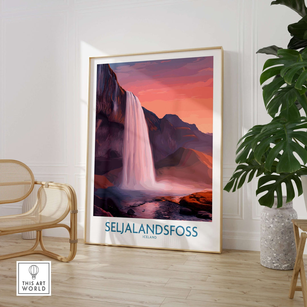 Seljalandsfoss Iceland Sunset Waterfall Art Print | Pink Sky Travel Poster showcasing vibrant sunset colors.