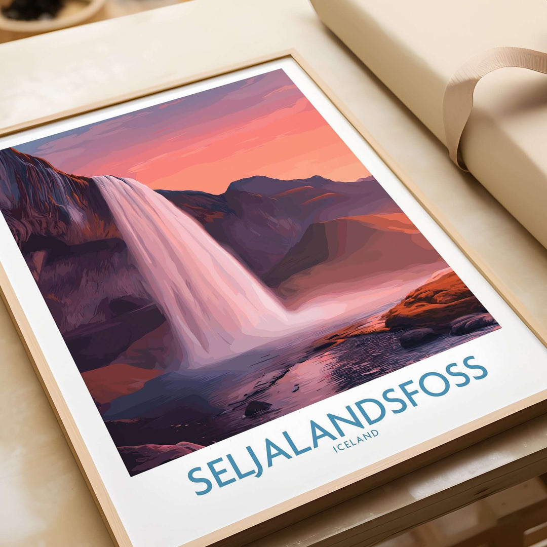 Seljalandsfoss Iceland Sunset Waterfall Art Print | Pink Sky Travel Poster featuring a dramatic waterfall and pink sky.