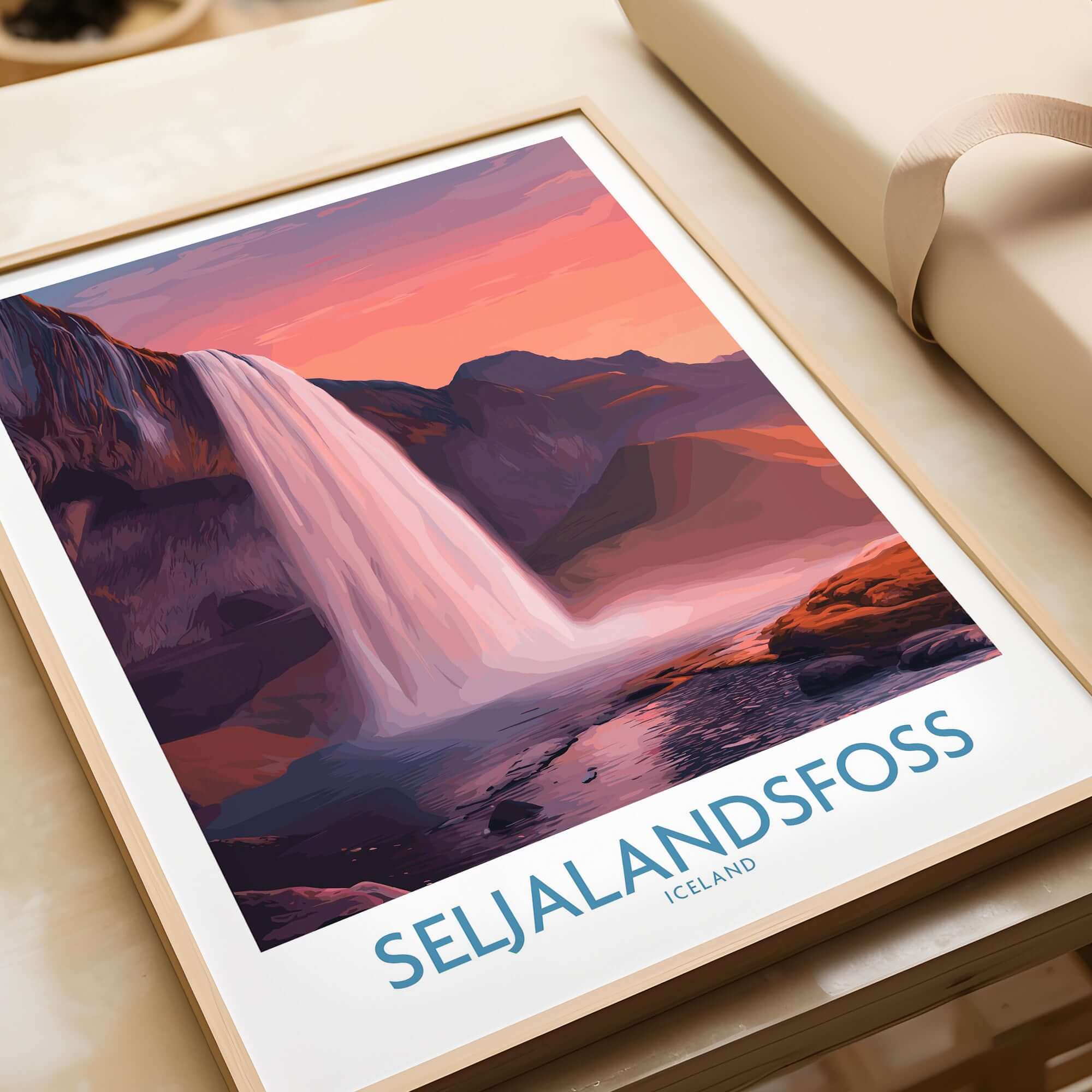 Seljalandsfoss Iceland Sunset Waterfall Art Print | Pink Sky Travel Poster showcasing a stunning waterfall at sunset.