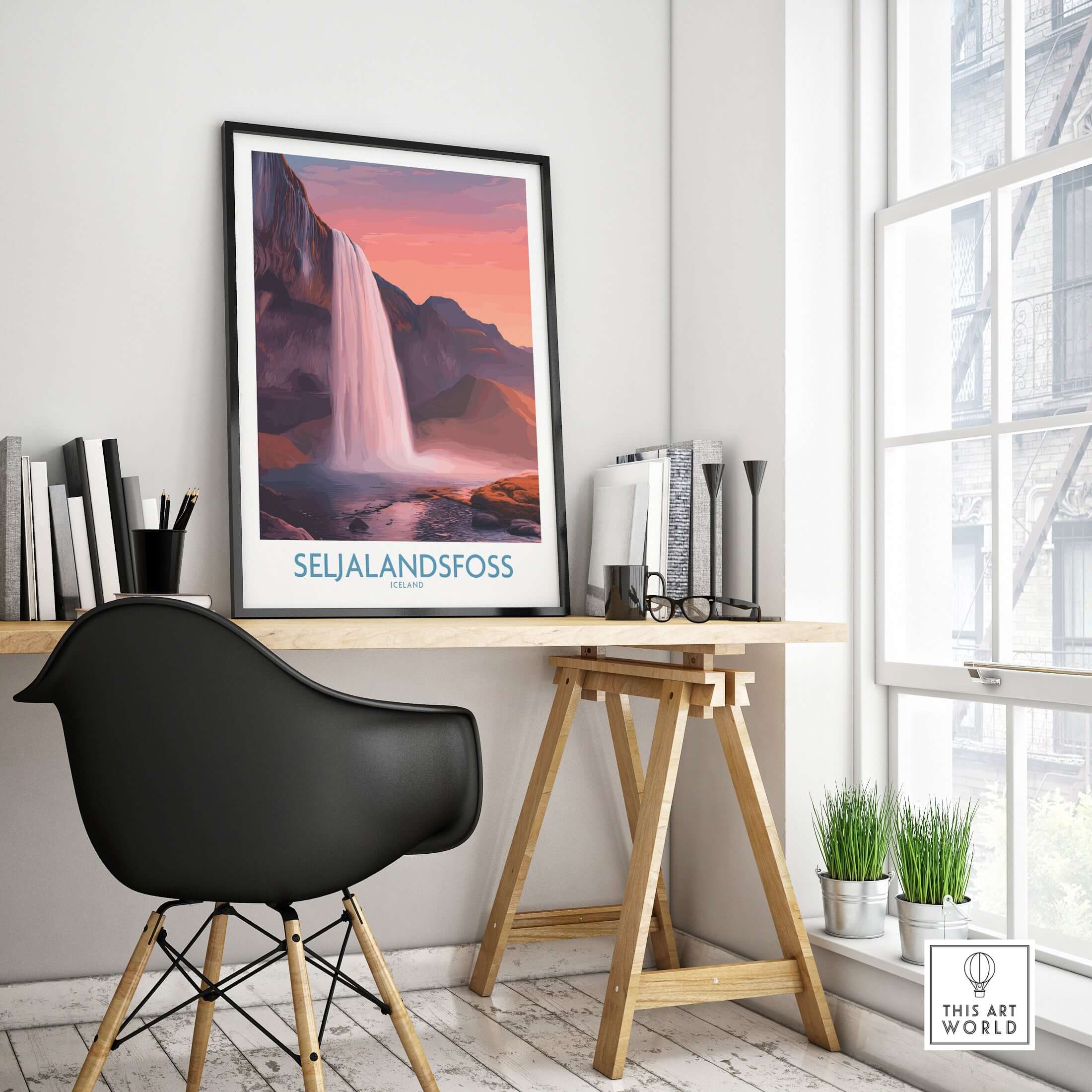 Seljalandsfoss Iceland Sunset Waterfall Art Print | Pink Sky Travel Poster displayed in a stylish office space.