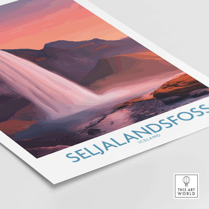 Seljalandsfoss Iceland Sunset Waterfall Art Print | Pink Sky Travel Poster featuring vibrant sunset colors.