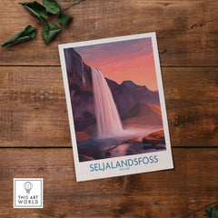 Seljalandsfoss Iceland Sunset Waterfall Art Print | Pink Sky Travel Poster showcasing a waterfall with a pink sky backdrop.