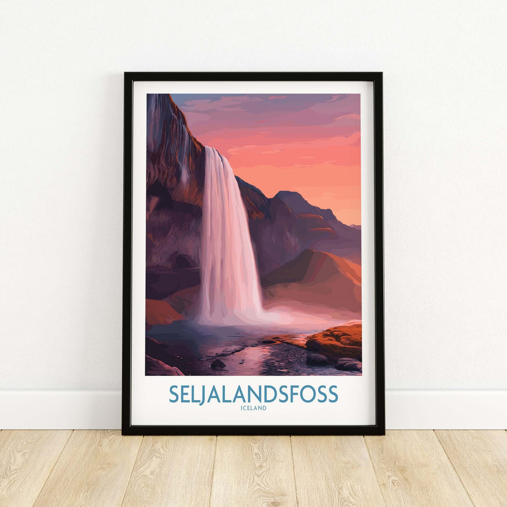 Seljalandsfoss Iceland Sunset Waterfall Art Print | Pink Sky Travel Poster showcasing a vibrant sunset over a majestic waterfall.