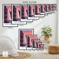Seljalandsfoss Iceland Sunset Waterfall Art Print | Pink Sky Travel Poster size guide featuring various frame sizes.