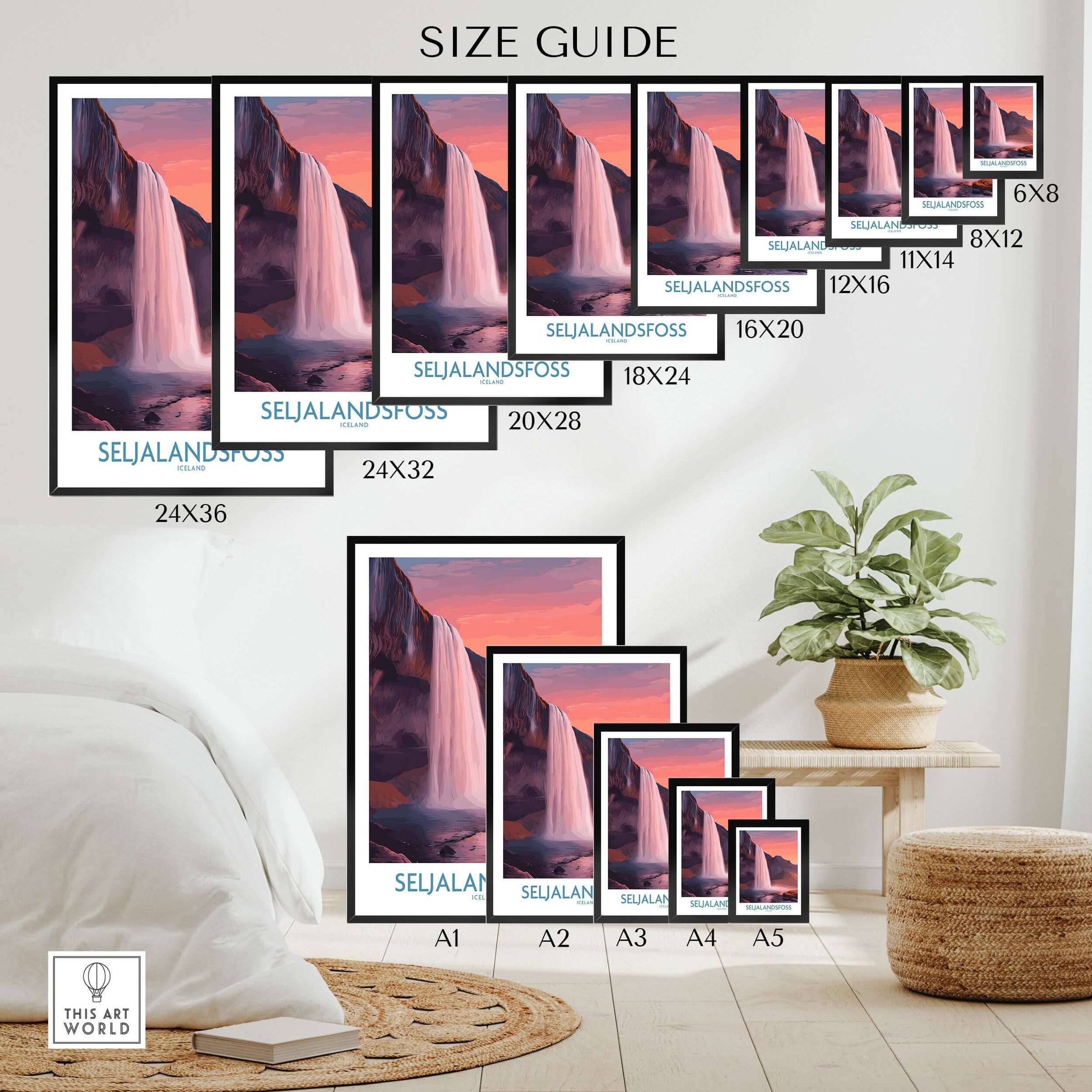 Seljalandsfoss Iceland Sunset Waterfall Art Print | Pink Sky Travel Poster size guide featuring various frame sizes.