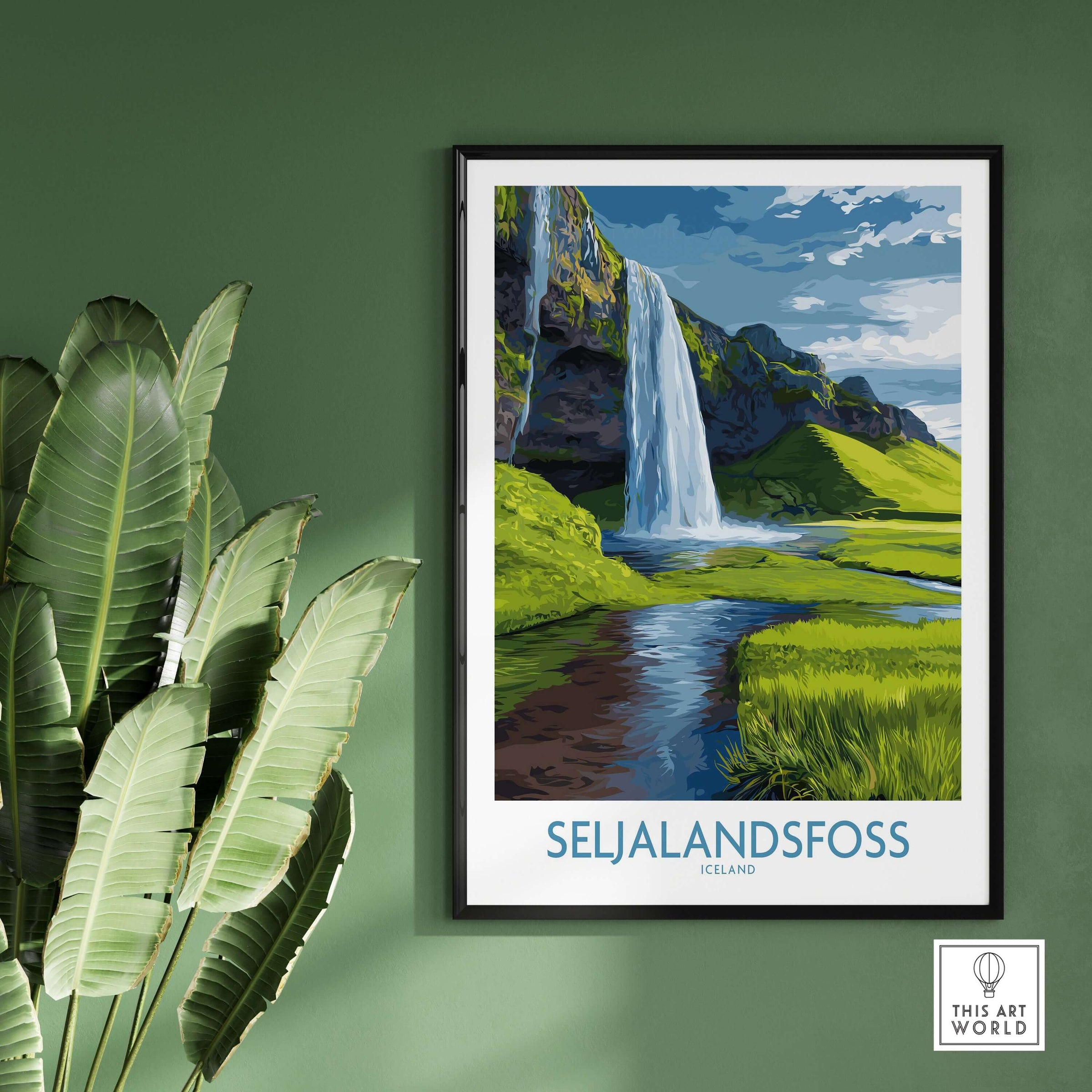 Seljalandsfoss Iceland Waterfall Art Print displayed in a modern frame with lush green surroundings.