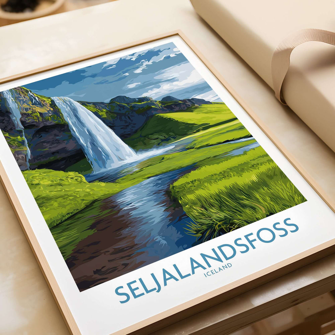 Seljalandsfoss Iceland Waterfall Art Print featuring a vibrant illustration of the waterfall and lush Icelandic landscape.