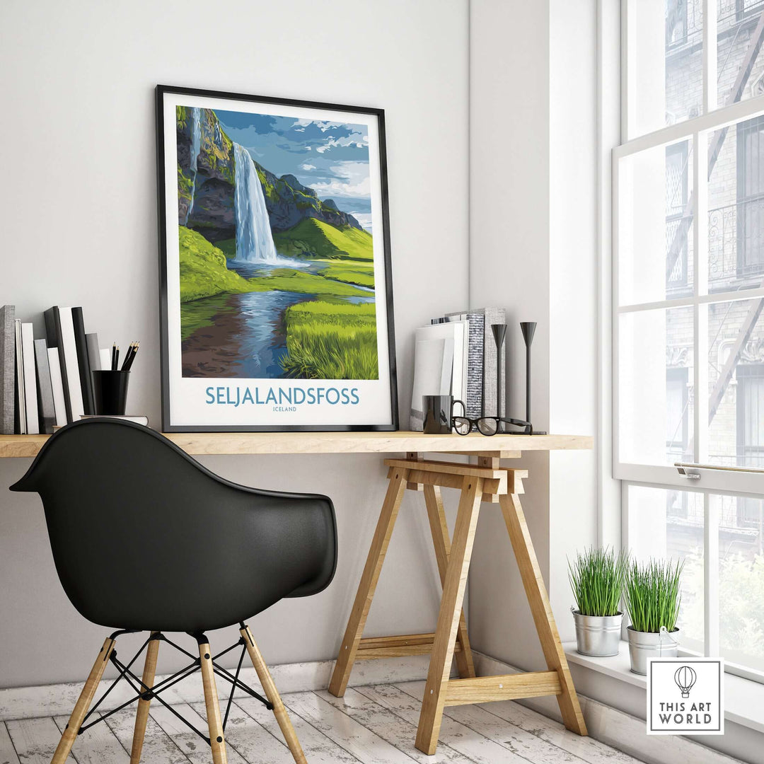 Seljalandsfoss Iceland Waterfall Art Print displayed in a modern office setting with a stylish chair and natural light.
