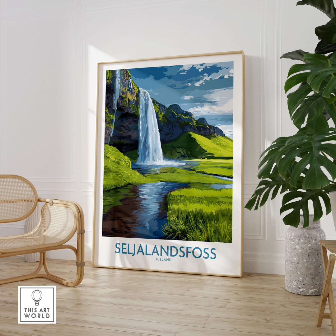 Seljalandsfoss Iceland Waterfall Art Print showcasing the waterfall and lush landscape in a modern home decor setting.