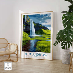 Seljalandsfoss Iceland Waterfall Art Print showcasing a vibrant landscape with a cascading waterfall in a stylish home setting.