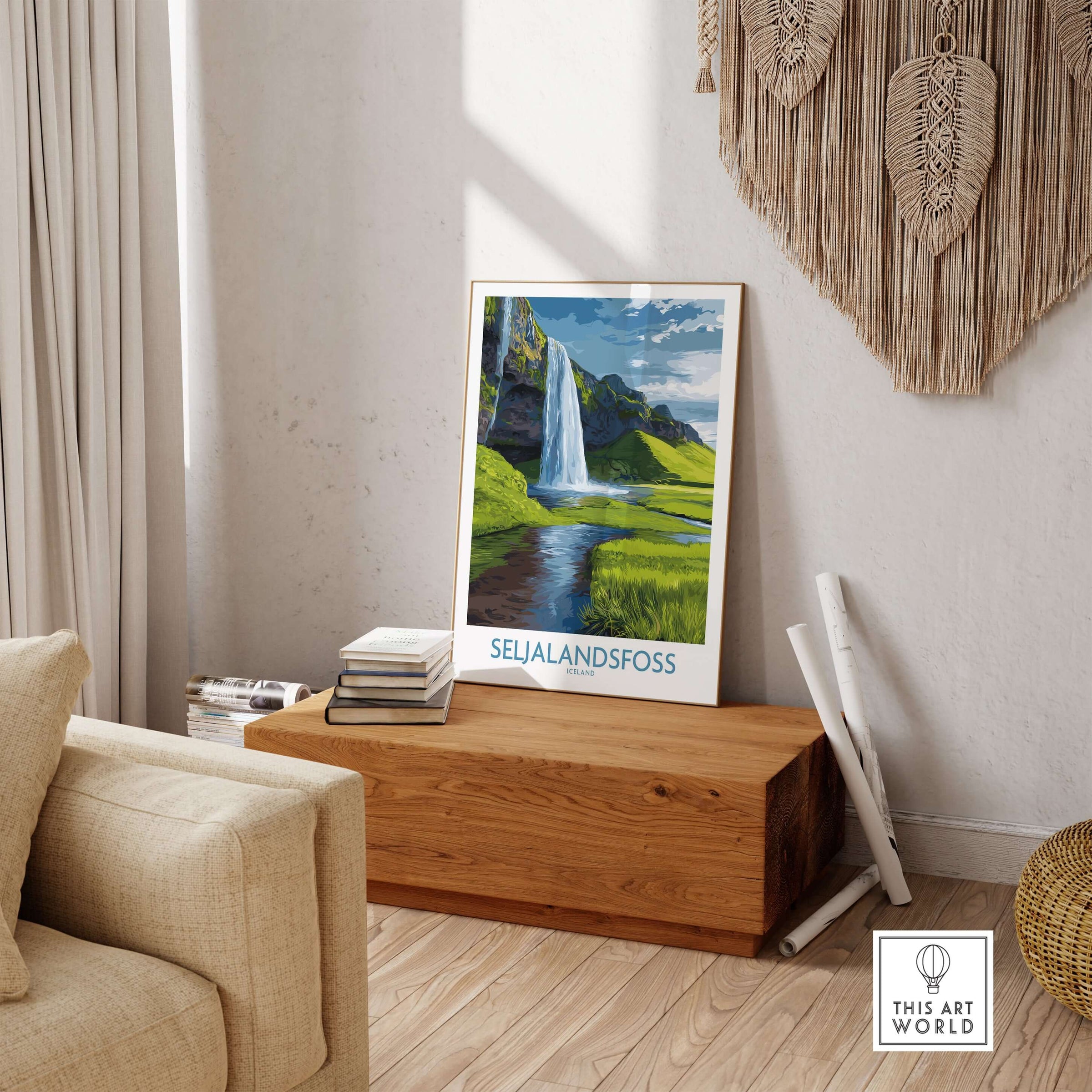 Seljalandsfoss Iceland Waterfall Art Print displayed in a modern living room setting with natural decor.