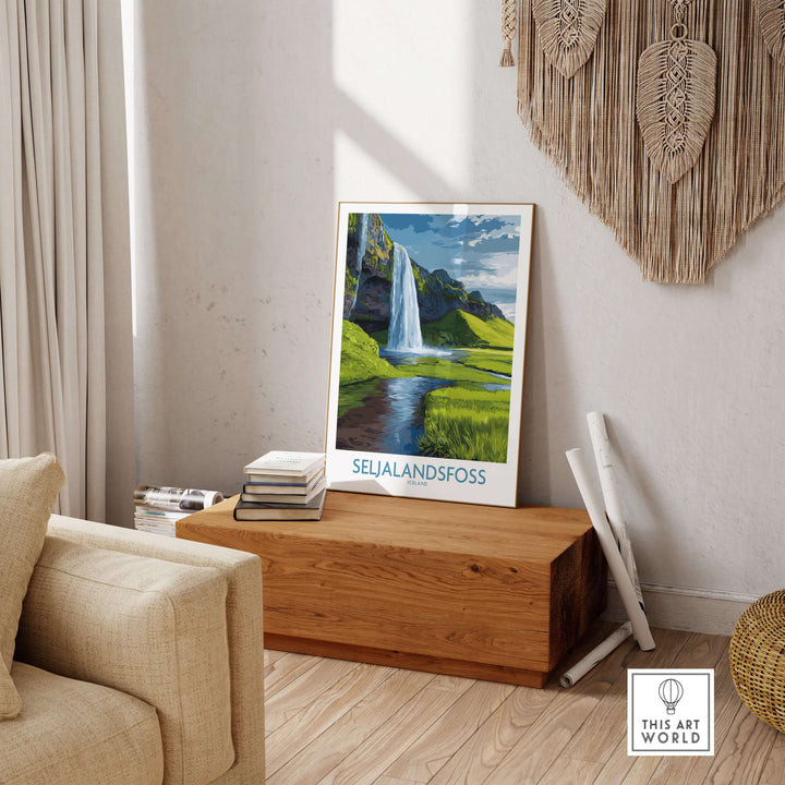 Seljalandsfoss Iceland Waterfall Art Print displayed in a cozy living room setting showcasing its natural beauty.
