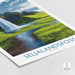 Seljalandsfoss Iceland Waterfall Art Print featuring a scenic illustration of the waterfall and lush greenery.