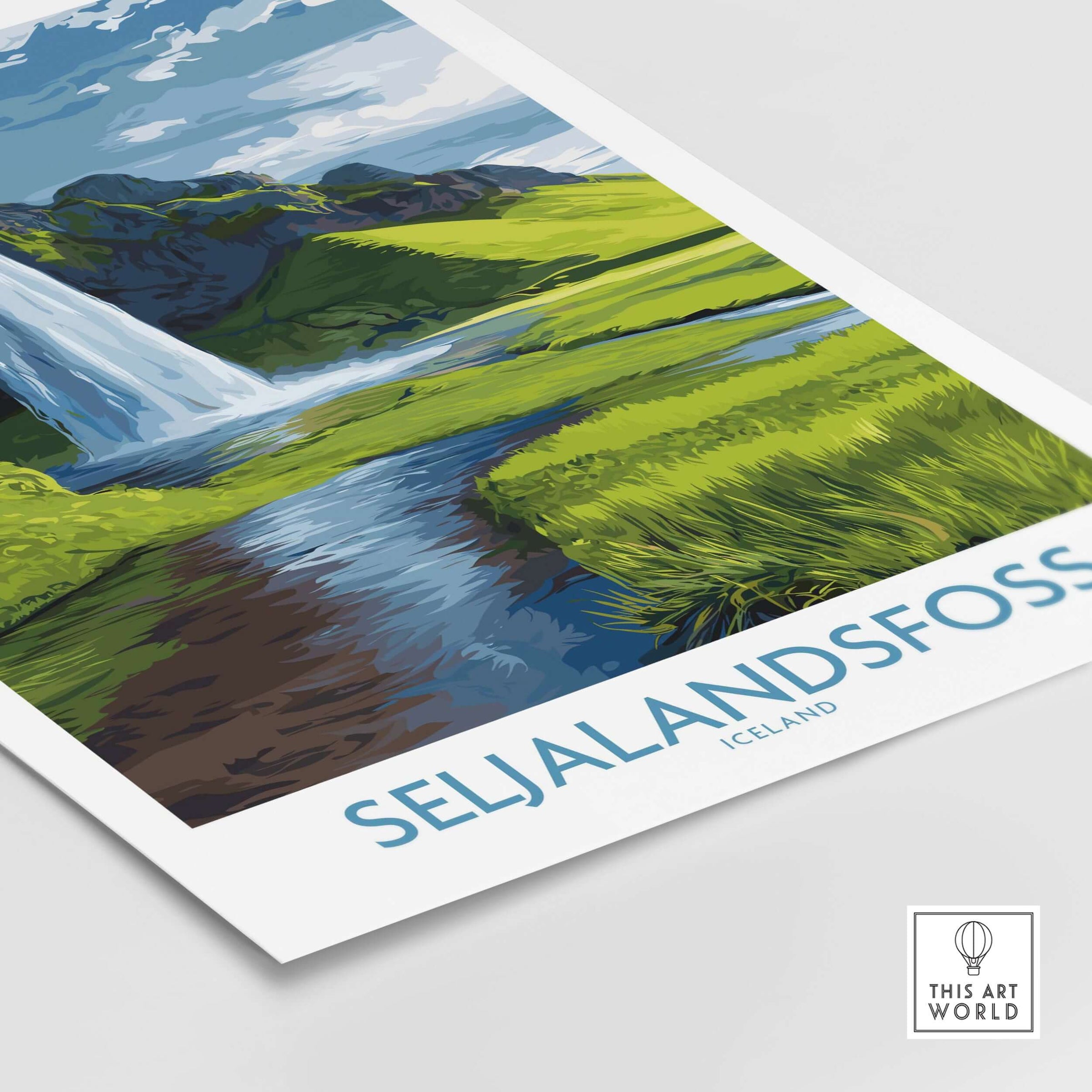 Seljalandsfoss Iceland Waterfall Art Print featuring a scenic illustration of the waterfall and lush greenery.