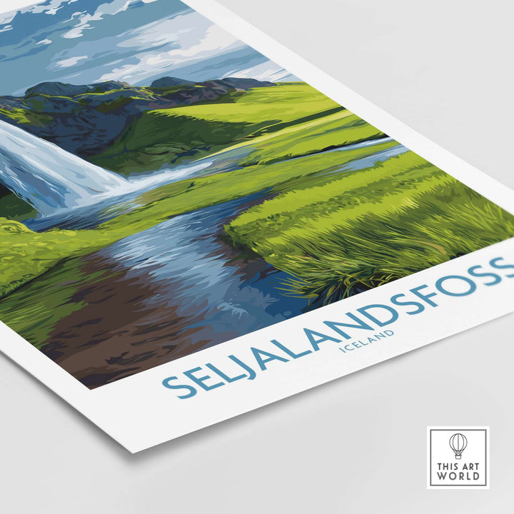 Seljalandsfoss Iceland Waterfall Art Print showcasing the beautiful waterfall against lush green scenery.