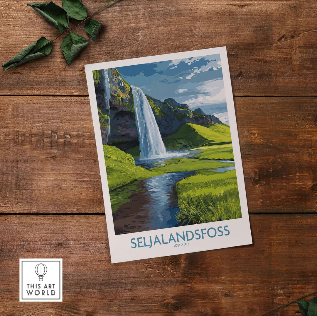 Seljalandsfoss Iceland Waterfall Art Print showcasing a vibrant illustration of the Seljalandsfoss waterfall in Iceland.