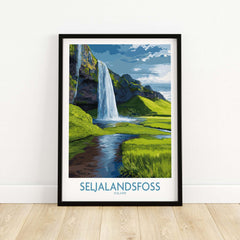 Seljalandsfoss Iceland Waterfall Art Print showcasing the stunning waterfall amidst lush green landscape in Iceland.
