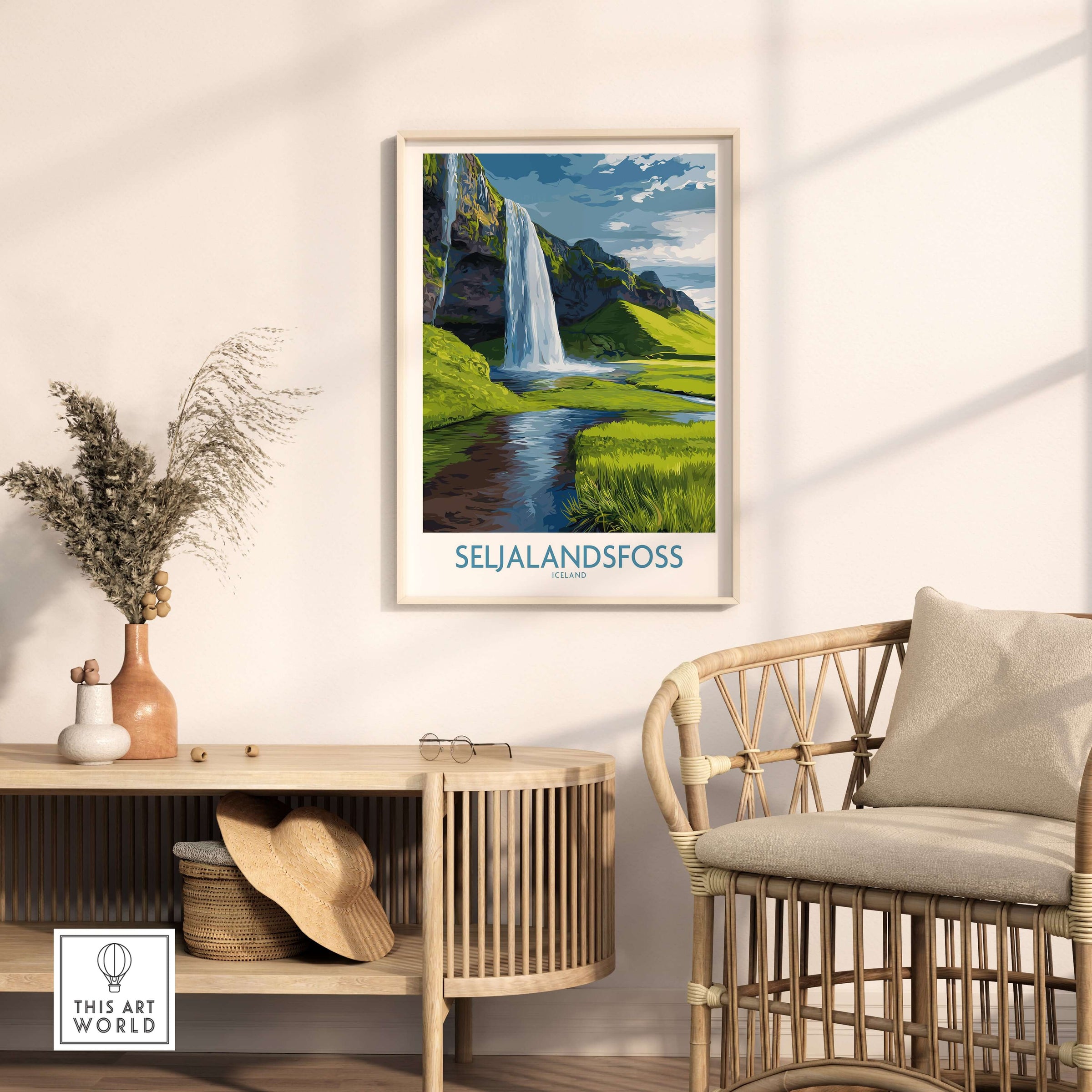 Seljalandsfoss Iceland Waterfall Art Print beautifully displayed in a modern living room with natural decor.