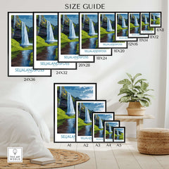 Seljalandsfoss Iceland Waterfall Art Print size guide showing various frame options and sizes for the art print.