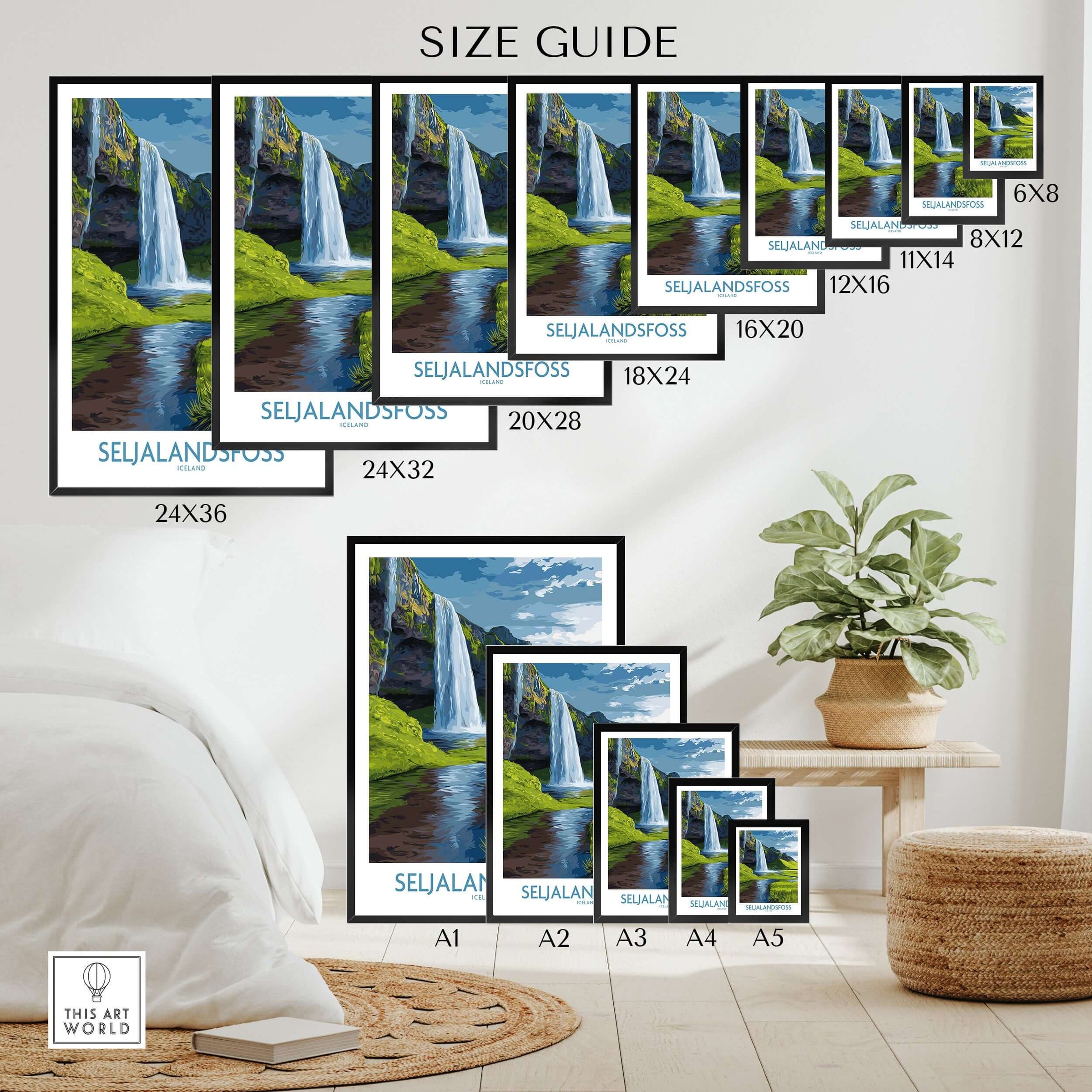 Seljalandsfoss Iceland Waterfall Art Print size guide showing various frame options and sizes for the art print.
