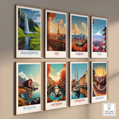 Seljalandsfoss Iceland Waterfall Art Print displayed among various cityscape art prints.