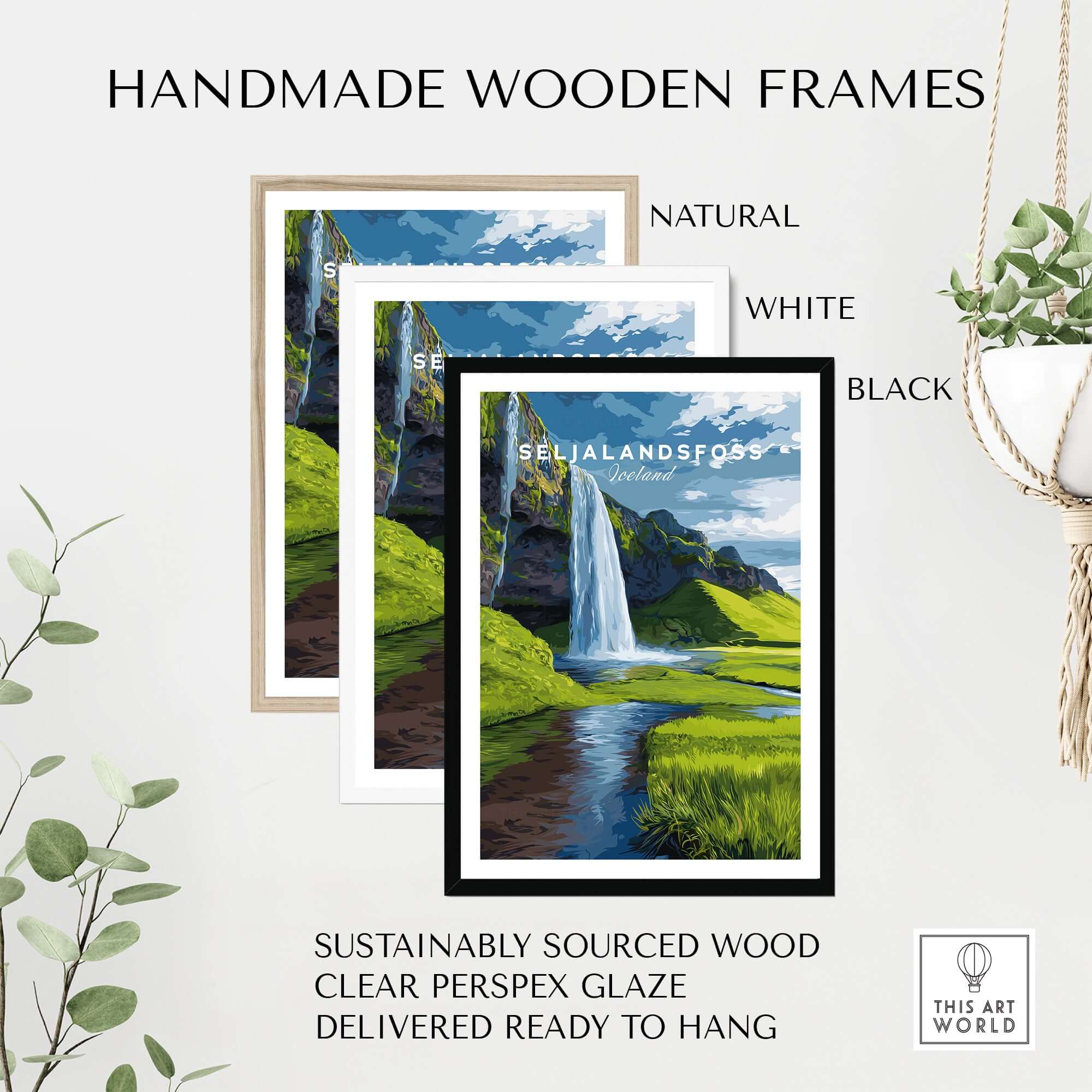 Seljalandsfoss Poster Iceland Print displayed in three handmade wooden frames: natural, white, and black.