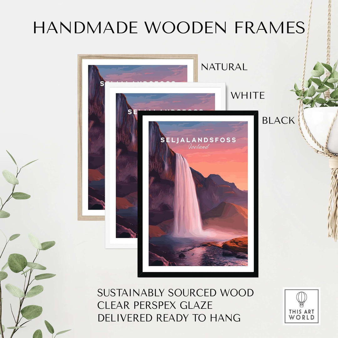 Seljalandsfoss Poster Iceland Wall Art displayed in handmade wooden frames in natural, white, and black finishes.