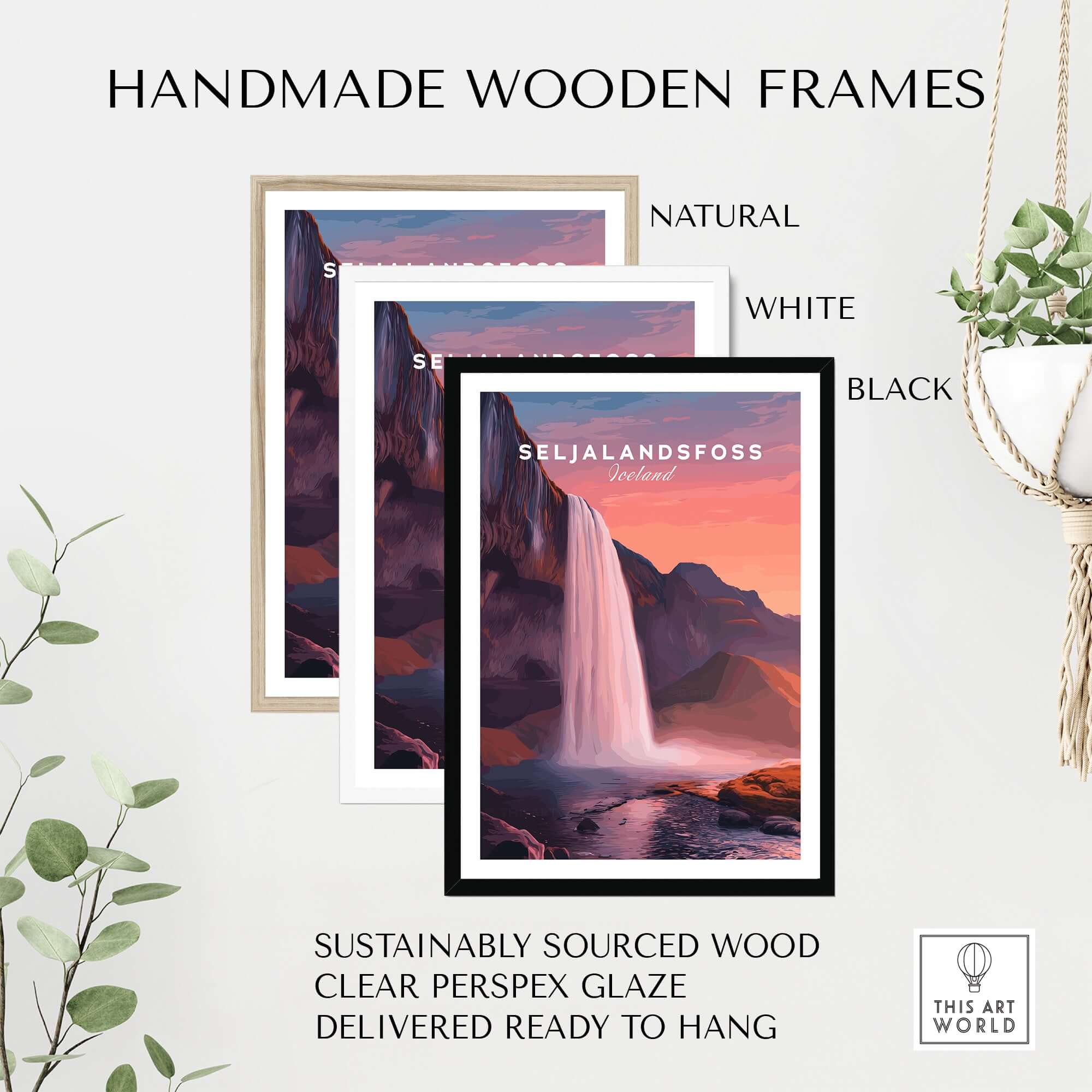 Seljalandsfoss Poster Iceland Wall Art displayed in handmade wooden frames in natural, white, and black colors.