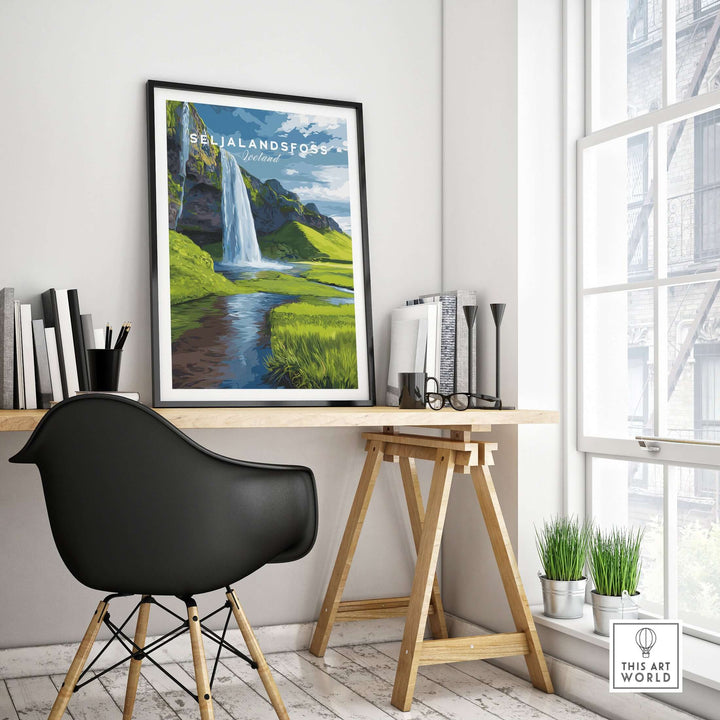 Seljalandsfoss Poster Iceland Print showcasing a breathtaking waterfall in a stylish home office setting.