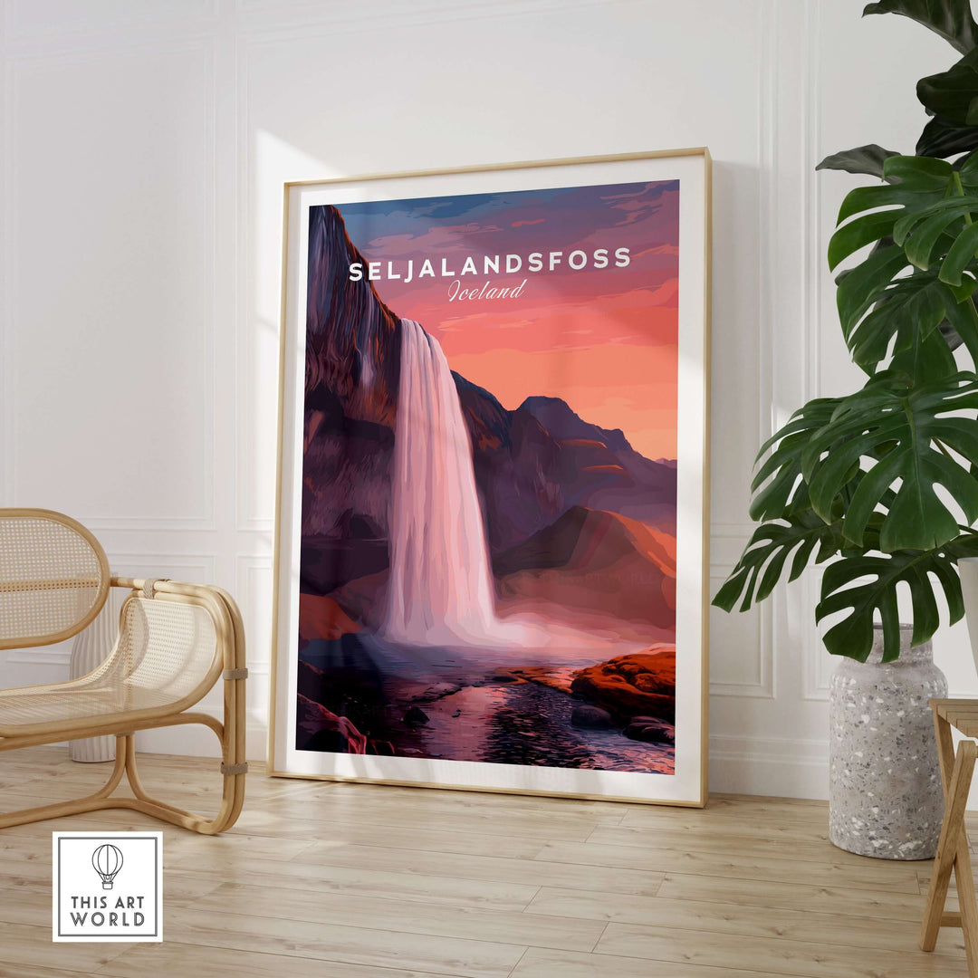 Seljalandsfoss Poster Iceland Wall Art featuring a picturesque waterfall in vivid colors, enhancing any room decor.