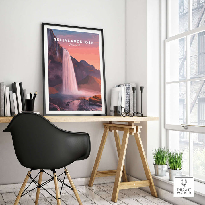 Seljalandsfoss Poster Iceland Wall Art displayed in a modern home office setting, showcasing Iceland's stunning landscape.